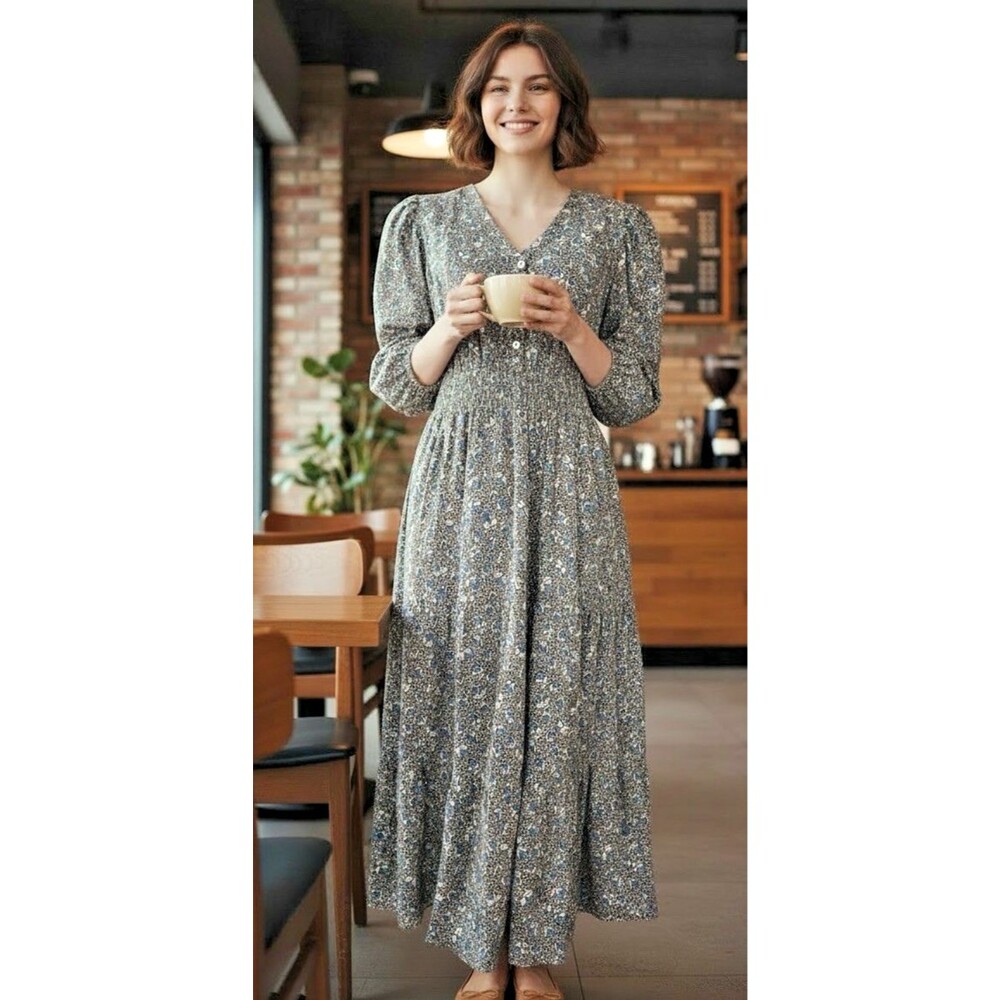 Bohme NEW womens v-neck floral balloon sleeve tiered maxi dress XL cottagecore